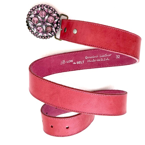 B-Low the Belt Accessories - VTG B-Low The Belt Pink Leather Rhinestone Buckle Belt Y2K Boho Western Sz 32